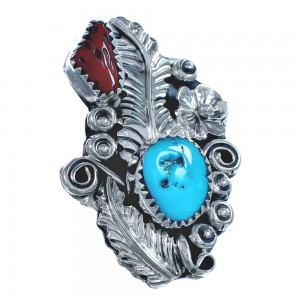 Flower Turquoise Coral Authentic Sterling Silver American Indian Ring Size 6-3/4 BX120033