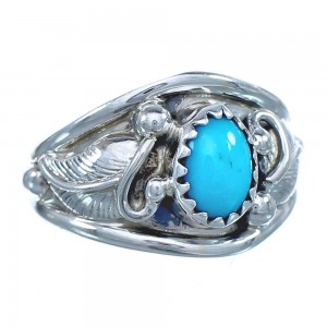 Native American Authentic Sterling Silver Scalloped Leaf Turquoise Ring Size 5-1/2 BX120038