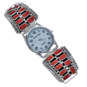 Navajo Genuine Sterling Silver Coral Stone Watch BX120427