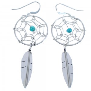 Turquoise Dream Catcher Feather Sterling Silver Navajo Hook Dangle Earrings BX120131