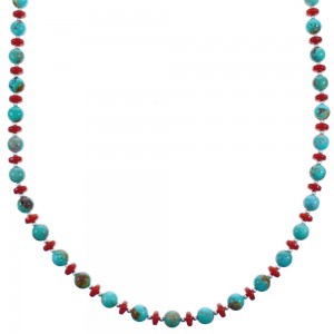 Southwest Sterling Silver Kingman Turquoise and Coral Bead Necklace KX121102