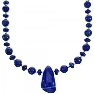 Genuine Sterling Silver Lapis Bead Necklace And Pendant  KX120899