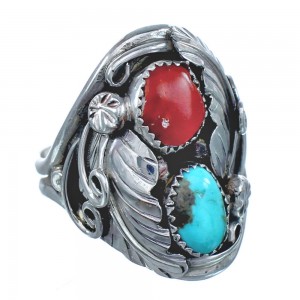 Authentic Sterling Silver Navajo Turquoise Coral Leaf Design Ring Size 11-1/4 AX121443
