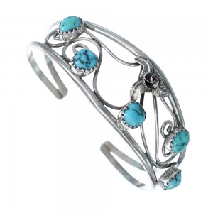 Navajo Authentic Sterling Silver Turquoise Flower And Leaf Cuff Bracelet JX121743