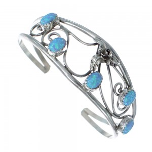 Navajo Authentic Sterling Silver Blue Opal Flower And Leaf Cuff Bracelet JX121741
