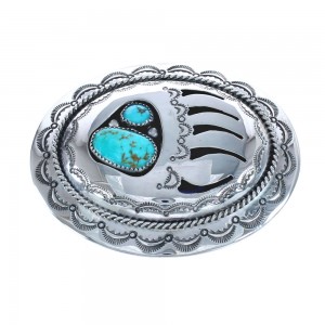 Native American Genuine Sterling Silver Turquoise Bear Paw Belt Buckle JX121936