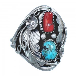 Authentic Sterling Silver Navajo Turquoise Coral Leaf Design Ring Size 10 AX122082
