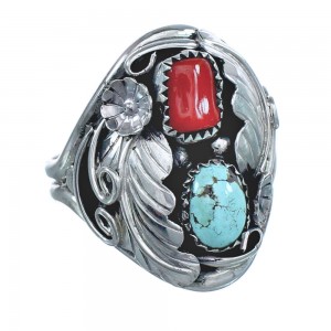 Authentic Sterling Silver Navajo Turquoise Coral Leaf Design Ring Size 10-3/4 AX122087