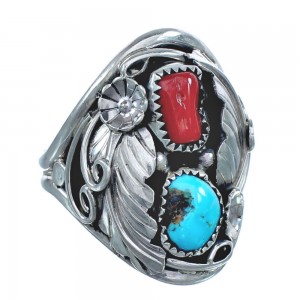 Authentic Sterling Silver Navajo Turquoise Coral Leaf Design Ring Size 11-1/4 AX122099