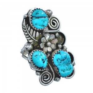 Native American Sterling Silver Turquoise Leaf And Flower Ring Size 8-3/4 JX122104