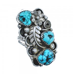 Native American Sterling Silver Turquoise Flower and Leaf Ring Size 8-1/2 JX122115