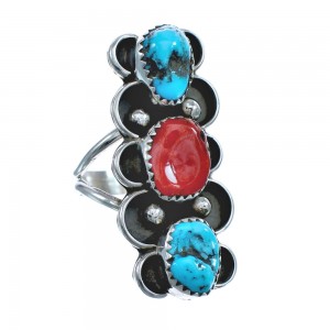 Native American Turquoise Coral Sterling Silver Ring Size 8-1/2 JX122128