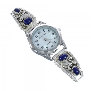 Navajo Lapis And Authentic Sterling Silver Scalloped Leaf Jewelry Watch AX122642