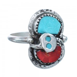 Zuni Turquoise Coral Authentic Sterling Silver Snake Ring Size 7-1/2 JX128114