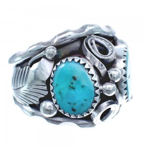 Native American Leaf Sterling Silver And Turquoise Ring Size 9-3/4 JX122619