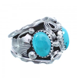 Native American Leaf Sterling Silver And Turquoise Ring Size 9-1/2 JX122624