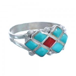 Native American Zuni Turquoise Coral Sterling Silver Ring Size 5-1/2 JX122578