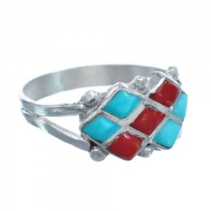 Native American Zuni Turquoise Coral Sterling Silver Ring Size 5-3/4 JX122583