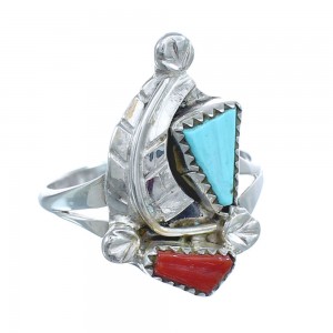 Native American Zuni Coral Turquoise Ring Size 8-1/4 AX122314