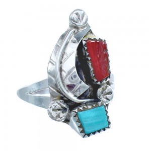Zuni Turquoise And Coral Genuine Sterling Silver Feather Ring Size 6-3/4 AX122377