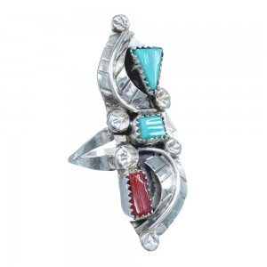 Authentic Sterling Silver Navajo Turquoise Coral Leaf Design Ring Size 8-1/2 AX122434