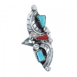 Authentic Sterling Silver Navajo Turquoise Coral Leaf Design Ring Size 7-1/4 AX122439