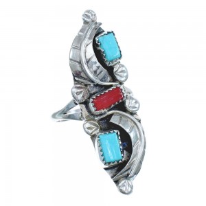 Authentic Sterling Silver Navajo Turquoise Coral Leaf Design Ring Size 7-1/4 AX122442