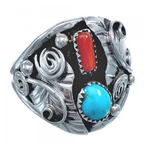 Navajo Turquoise And Coral Sterling Silver Leaf Ring Size 12-1/4 AX122348
