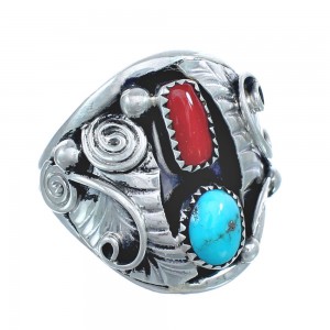 Navajo Turquoise And Coral Sterling Silver Leaf Ring Size 9-3/4 AX122353