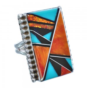 Native American Sterling Silver Multicolor Inlay Ring Size 9-1/2 AX123157