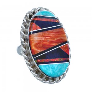 Native American Sterling Silver Multicolor Inlay Ring Size 7-3/4 AX123186