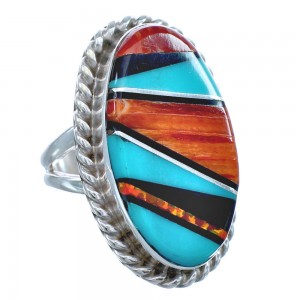 Native American Sterling Silver Multicolor Inlay Ring Size 7-3/4 AX123187