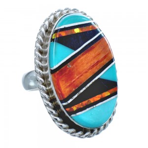 Native American Sterling Silver Multicolor Inlay Ring Size 8 AX123189