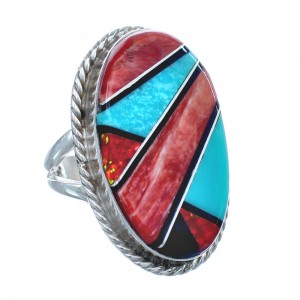 Native American Sterling Silver Multicolor Inlay Ring Size 7 AX123193