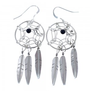 Native American Onyx Dream Catcher Feather Sterling Silver Hook Dangle Earrings JX123230