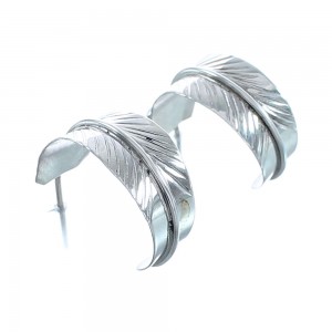 Native American Feather Turquoise Genuine Sterling Silver Post Hoop Earrings JX123250