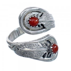 Feather Sterling Silver Coral Navajo Adjustable Ring Size 7, 8, 9 AX123254