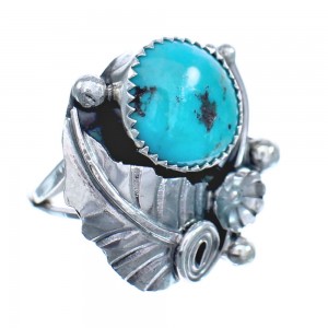 Flower Scalloped Leaf Turquoise Genuine Sterling Silver Navajo Ring Size 6 AX123280