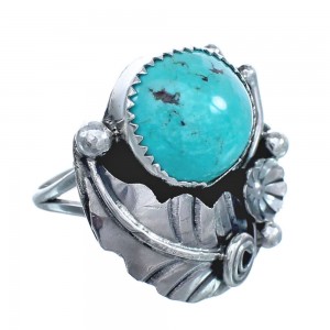 Flower Scalloped Leaf Turquoise Genuine Sterling Silver Navajo Ring Size 7-1/4 AX123283