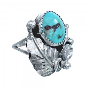 Flower Scalloped Leaf Turquoise Genuine Sterling Silver Navajo Ring Size 5-1/2 AX123288
