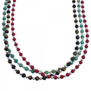 American Indian 3-Strand Multicolor Silver Bead Necklace AX123395