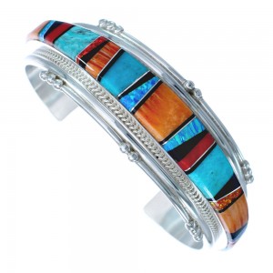 Native American Sterling Silver Multistone Inlay Cuff Bracelet AX123715