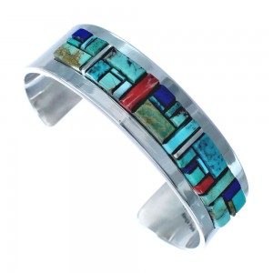 Navajo Sterling Silver Multicolor Cobble Inlay Cuff Bracelet AX123712