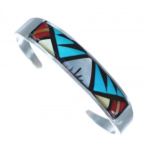 Authentic Sterling Silver Multicolor Inlay Zuni Indian Cuff Bracelet AX123720