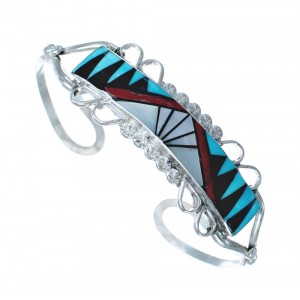 Multicolor Inlay Sterling Silver Zuni Indian Cuff Bracelet AX123749