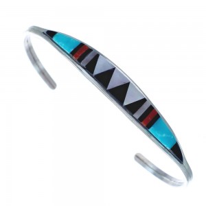 Zuni Multicolor Inlay Sterling Silver Child Cuff Bracelet AX123730