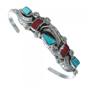 Genuine Sterling Silver Turquoise and Coral Zuni Leaf Cuff Bracelet AX123790