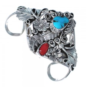 Genuine Sterling Silver Flower And Leaf Navajo Turquoise Coral Cuff Bracelet AX123825