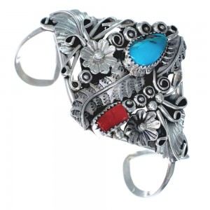 Genuine Sterling Silver Flower And Leaf Navajo Turquoise Coral Cuff Bracelet AX123834