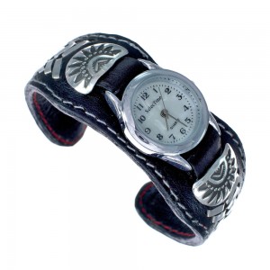 Native American Navajo Leather Sterling Silver Cuff Watch JX123821